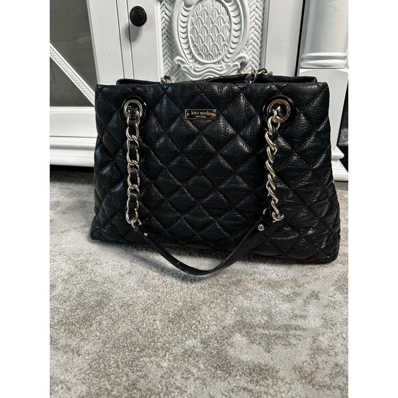 Kate Spade Quilted Tote Bag Chain Strap Black Leather Shoulder Bag - Picture 1 of 8
